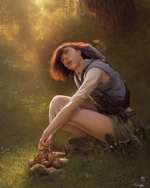 Prompt: weta movie still full body portrait photo of a kneeling 1 7 - year old scarlett johansson, with detailed face, wearing shorts and a t - shirt, kneeling on the ground, by donato giancola, weta, wlop, ilya kuvshinov, rossdraws, artgerm, anime, liosh, mucha, bouguereau