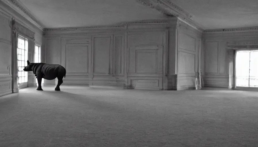 Prompt: a rhinoceros in a neoclassical room, by mini dv camera, very very low quality, heavy grain, very blurry, caught on trail cam