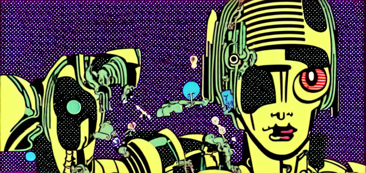 Image similar to ⚠ 👽 💉 ☠ 💢 😱 futuristic japanese cyberpunk by roy lichtenstein, by andy warhol, ben - day dots, pop art, bladerunner, pixiv contest winner, cyberpunk style, cyberpunk color scheme, mechanical, high resolution, hd, intricate detail, fine detail, 8 k