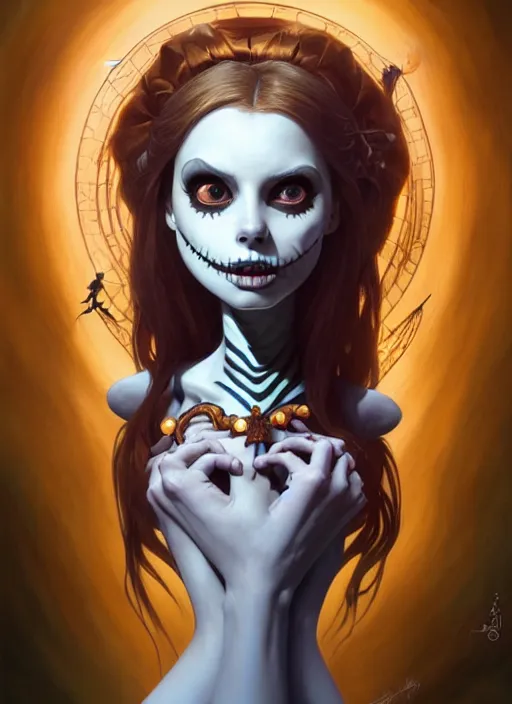 Prompt: portrait of sally from the nightmare before christmas, intricate, elegant, highly detailed, my rendition, digital painting, artstation, concept art, smooth, sharp focus, illustration, art by artgerm and greg rutkowski and alphonse mucha and uang guangjian and gil elvgren and sachin teng, symmetry!!