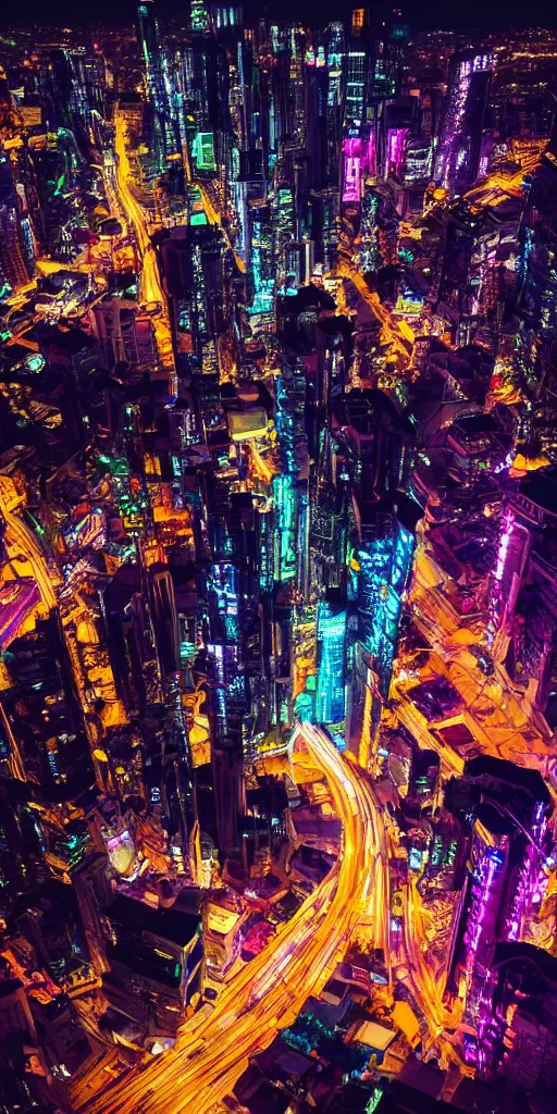 Prompt: cyberpunk city at night,drone shot, night clubs and neons, rain, girl under lantern