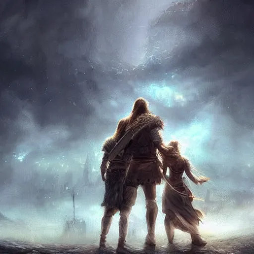 Image similar to epic portrait two viking couple holding hands and watching a city being destoryed in far distance, Blurry backround, explosions, cloudy, digital painting, artstation, concept art, soft light, hdri, smooth, sharp focus, illustration, fantasy, intricate, elegant, highly detailed, D&D, matte painting, in the style of Greg Rutkowski and Alphonse Mucha and artemisia, 8k, highly detailed, jurgens, rutkowski, bouguereau, pastoral, rustic, georgic