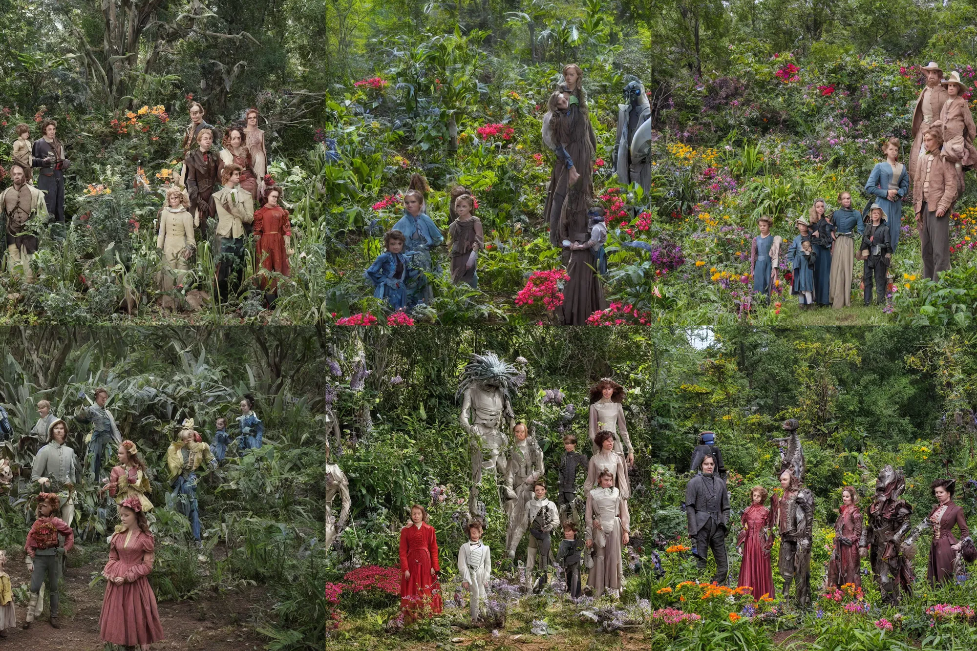 Prompt: sharp, crisp, detailed, 36864k film, 175000mm film still from a sci fi blockbuster color movie made in 2019, set in 1860, of a family standing in a park, next to some strange alien plants and flowers, on an alien planet, the family are all wearing 1860s era clothes, good lighting, enhanced faces, 700mm f/1.4L lens