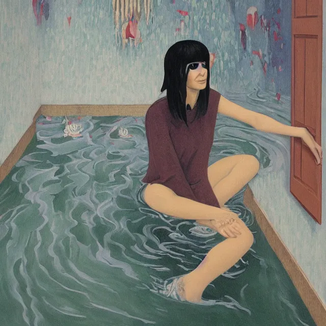 Prompt: tall female emo artist in her flooded bathroom, water gushing from ceiling, painting of flood waters inside an artist's bathroom, a river flooding indoors, pomegranates, pigs, ikebana, water, octopus, river, rapids, waterfall, black swans, canoe, berries, acrylic on canvas, surrealist, by magritte and monet