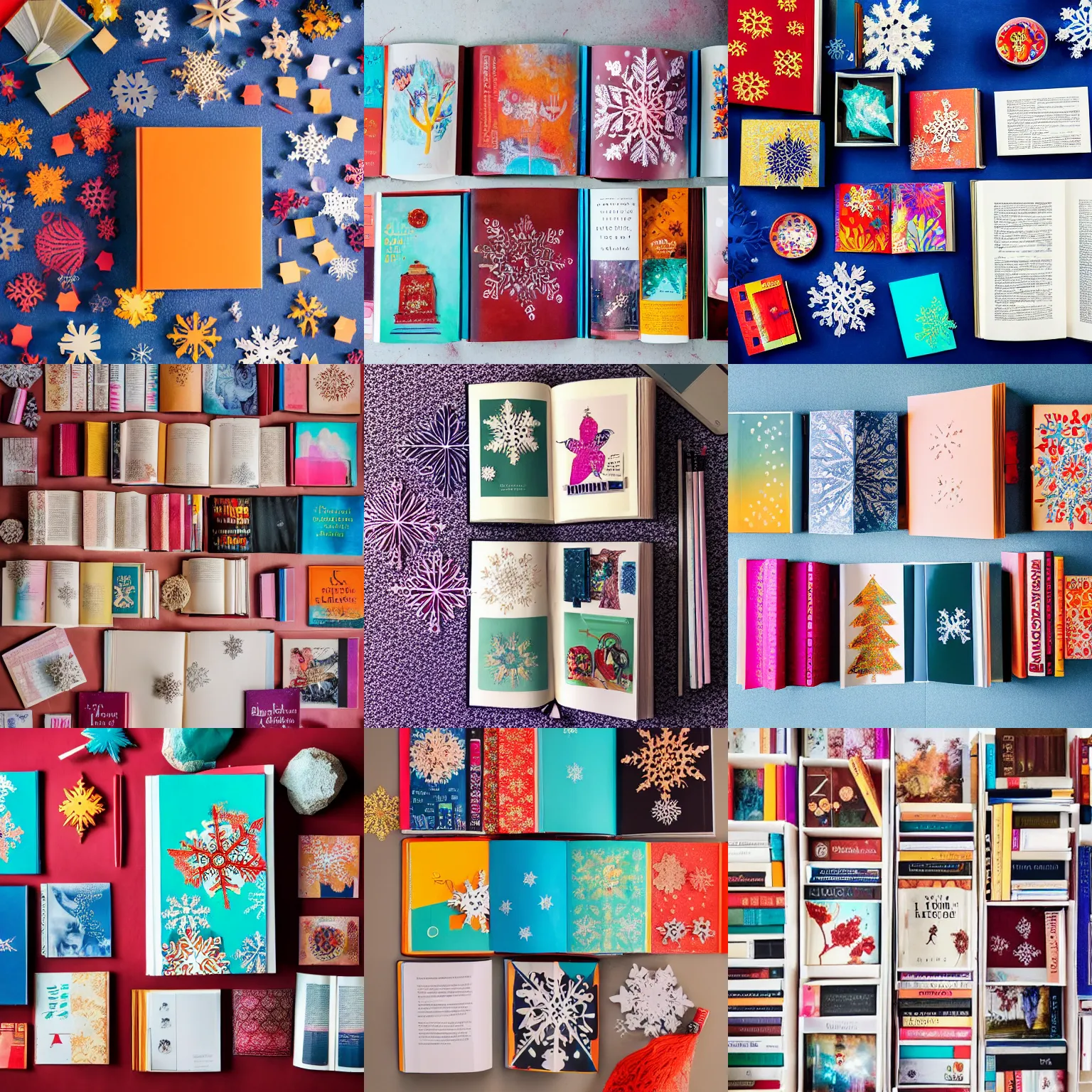 Prompt: flatlay book collection, vivid colors, dramatic lighting, paper snowflakes