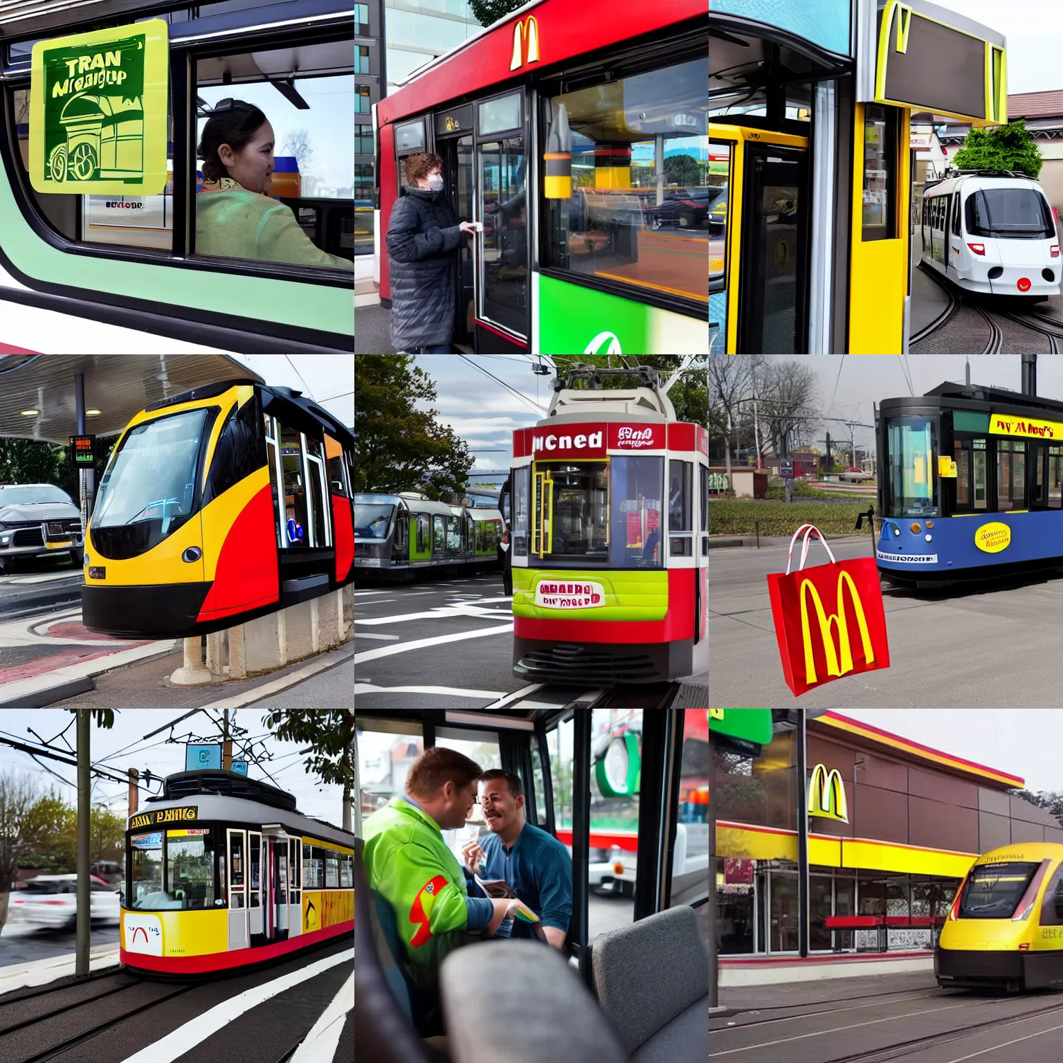 Prompt: A tram at a McDonald's drive-through, the driver is handed a paper bag