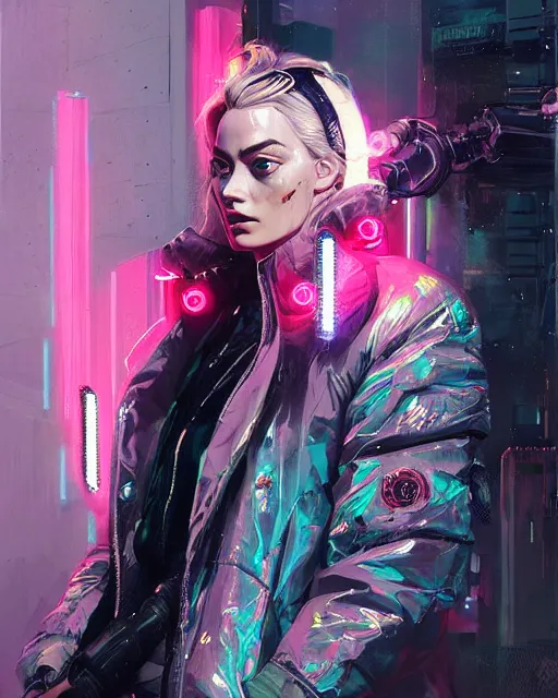 Prompt: neon operator margot robbie, cyberpunk futuristic neon, reflective puffy coat, decorated with traditional japanese ornaments by ismail inceoglu dragan bibin hans thoma greg rutkowski alexandros pyromallis nekro rene maritte illustrated, perfect face, fine details, realistic shaded, fine - face, pretty face