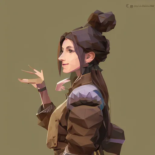 Prompt: isometric view, clean low poly, octopath traveller style, a girl, brown jacket with long sleeves, brown hair, hair down, pigtails hair, green eyes, grey background, volumetric lighting, fantasy, d & d, 4 k, trending on artstation, by greg rutkowski, blizzard warcraft, backlit, smooth