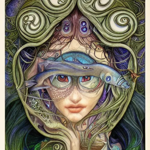 Image similar to detailed and sharp portrait of piscesthe fishes artistic zodiac artwork, mystic style, detailed, 8 k, detailed, symmetrical, by brian froud