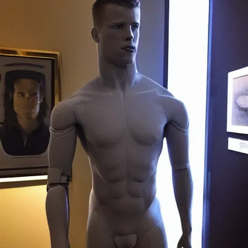 Image similar to “ a realistic detailed photo of a guy who is an attractive humanoid who is half robot and half humanoid, who is a male android, football player christian mccaffrey, shiny skin, posing like a statue, blank stare, on the bed, on display ”