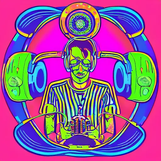 Image similar to svg sticker of a Dancing-Alex-Grey-Psychedelic-Rave-Man, at a rave, spinning records, giant headphones rocking out, wearing headphones, huge speakers, dancing, rave, DJ, spinning records, digital art, amazing composition, rule-of-thirds, award-winning, trending on artstation, featured on deviantart