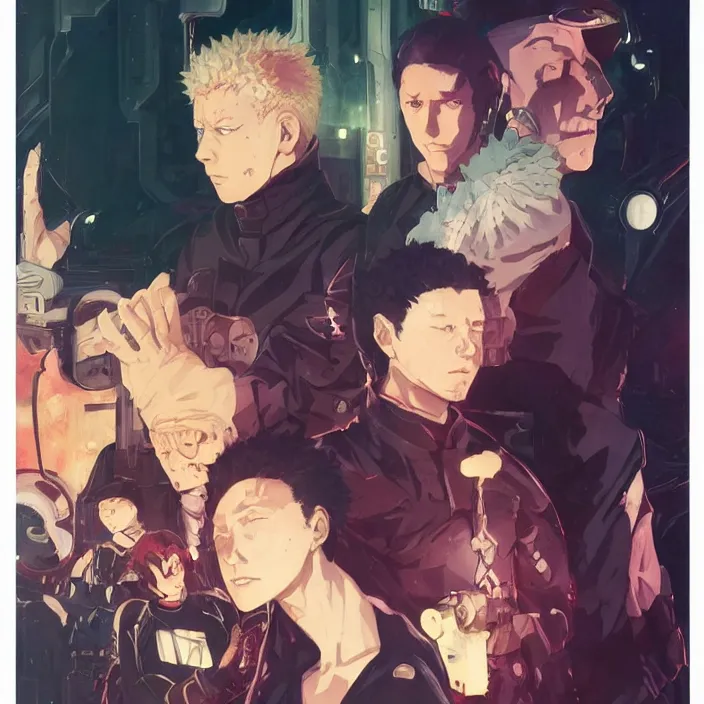 Prompt: anime portrait jujutsu kaisen, futuristic science fiction, mucha, hard shadows and strong rim light, art by jc leyendecker and atey ghailan and sachin teng