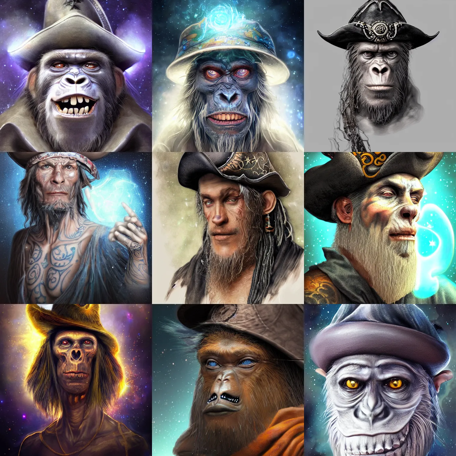 Image similar to a wlop 3 d render of very very very very highly detailed beautiful mystic portrait of a young ghost ape pirate in a hat with whirling galaxy around, tattoos by anton pieck, intricate, extremely detailed, digital painting, artstation, concept art, smooth, sharp focus, illustration, intimidating lighting, incredible art,