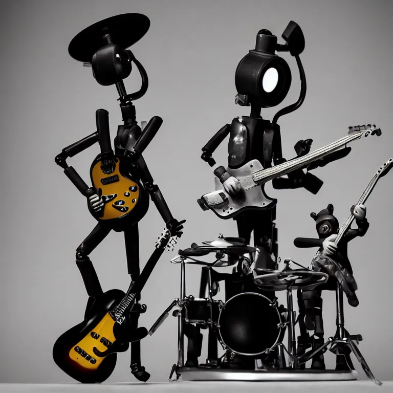 Prompt: a beautiful electronic concert photo shot of a couple of threea toys figurines by ashley wood, octopus robots playing drums and fender telecaster guitar, black background, concert light, dark mood, warm lights
