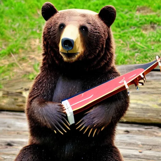 Prompt: bear playing triangular ukulele