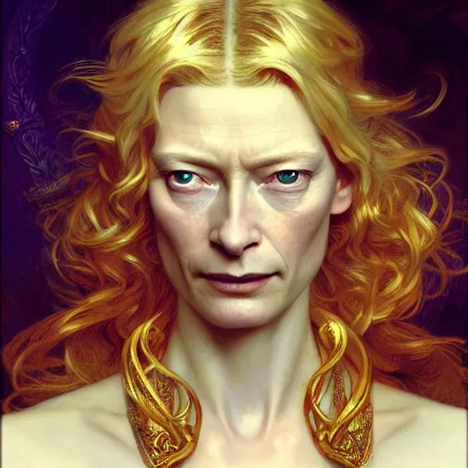 Prompt: young adult tilda swinton as lucifer morningstar, ornate long blond hair, natural lighting, path traced, highly detailed, high quality, digital painting, by gaston bussiere, craig mullins, alphonse mucha j. c. leyendecker