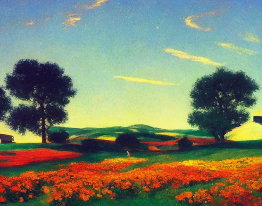 Image similar to a beautiful meadow full of colorful flowers, the sky is the galaxy, very aesthetic, detailed, cinematic lighting, in the style of edward hopper,