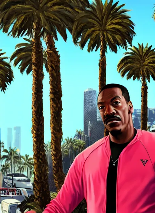 Prompt: eddie murphy gta v los santos in background, palm trees. in the art style of stephen bliss.