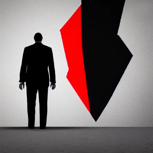Image similar to abstract black and grey scale, full black suit man with no face and shadows with red eye and darkness and power