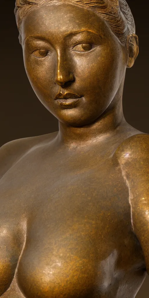 Image similar to detailed photo of an old bronze patina statue of a beautiful curvy woman portrait, intricate detail, museum diffuse lighting