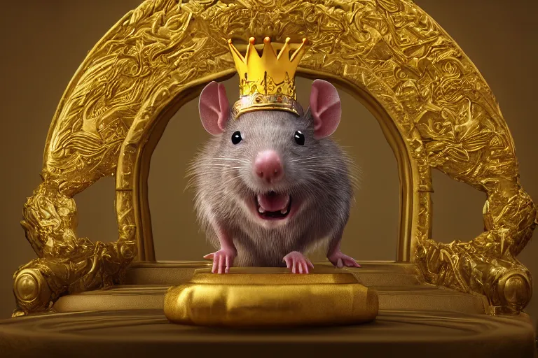 Image similar to 3 d render of a rat character who is a king, wearing golden crown, siiting on the throne highly detailed octane render, artstation, surrealism, pixar