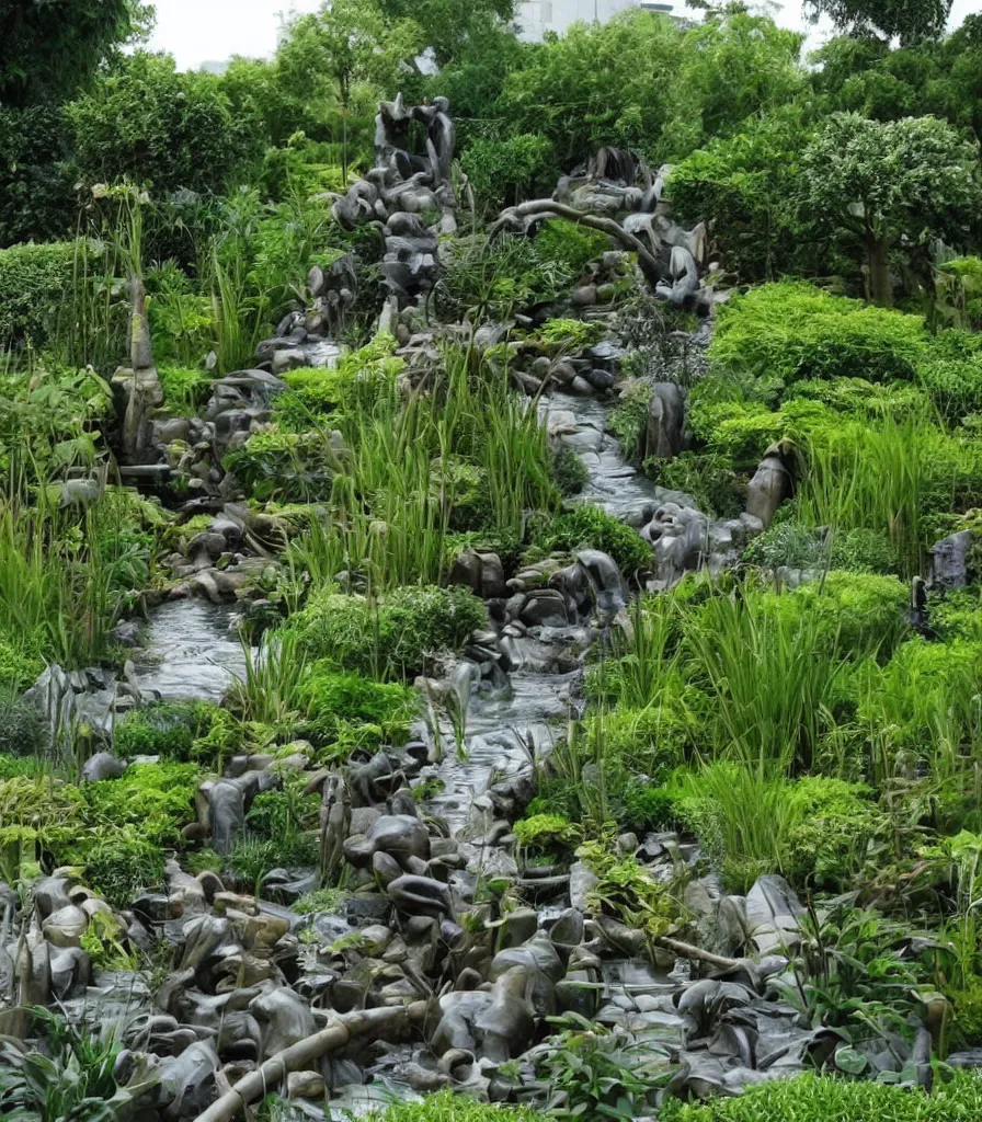 Prompt: a garden, in which there is a flowing water sculpture made of bamboo, garden landscape and symmetrical landscape ， by andre le notre ， trending ，