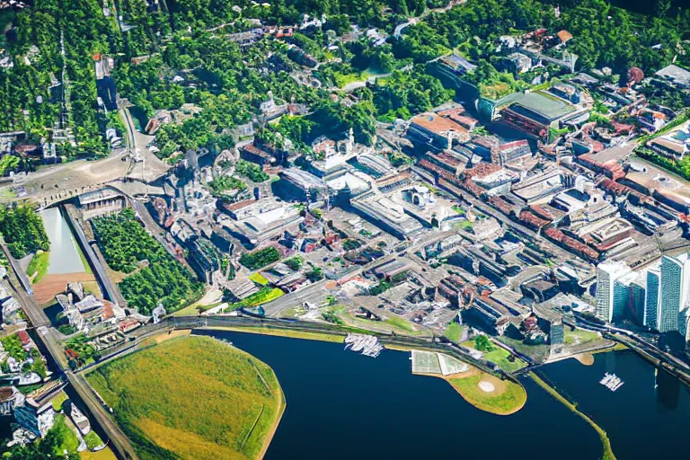 Image similar to bird's eye view photography of a small city. town hall, central farm, monorail station, inlet and shipping dock. hills, woods and pond to the north.