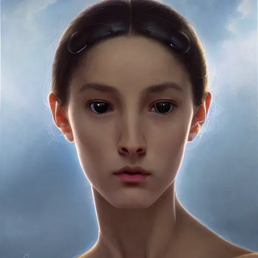 Prompt: A young beautiful female extraterrestrial-cyborg face with a very long neck, big clear eyes, thin nose, big lips, hair floating in the wind:: alien is from the future, Realistic, Refined, Detailed Digital Art, Oil Painting, William-Adolphe Bouguereau, Pre-Raphaelite,Renaissance, Highly Detailed, Cinematic Lighting, Unreal Engine, 8K