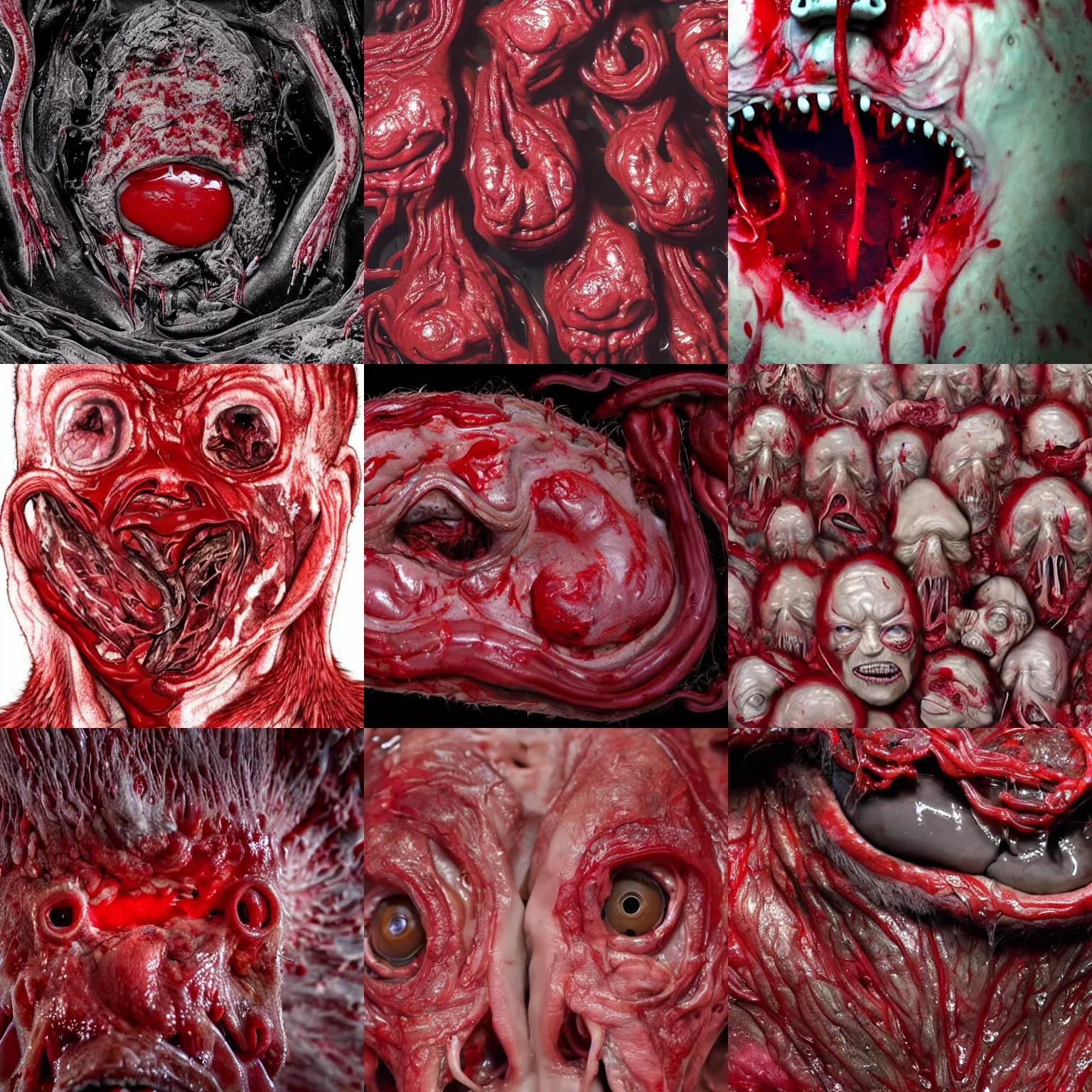 Prompt: a photo of a gory blood-red abomination of epic proportions without shape or form, slimy and reflective, composed of individual skinless faces, frightening, twitching and writhing, with smooth and shiny veins slithering out of the eye sockets, body horror with remnants of fur and hairy mold, blood oozing from every body crevice, ultra-detailed, ultra-realistic, color