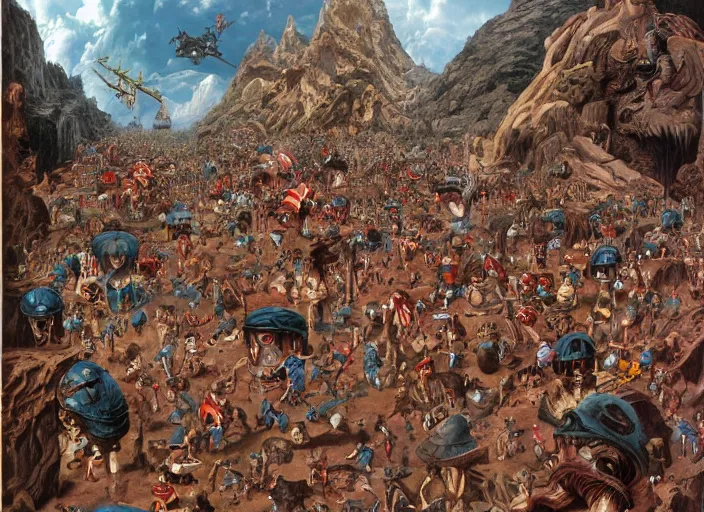 Image similar to where's waldo, lowbrow, matte painting, 3 - d highly detailed, in the style of frank frazetta,