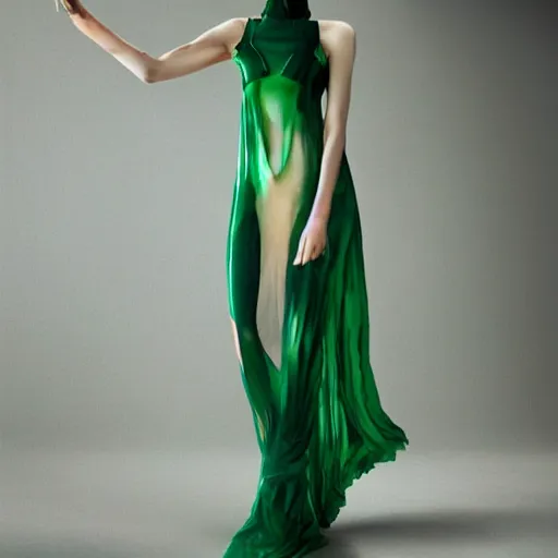 Image similar to fantasy. fashion 2 0 5 0 silk weightless translucent dress in the form of an openwork and luminous lotus. a full - length model. beautiful slender symmetrical girl with green hair. hyperrealistic photo