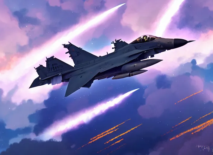 Prompt: portrait of figther jet evading, smoky sky background, lush landscape, illustration concept art anime key visual trending pixiv fanbox by wlop and greg rutkowski and makoto shinkai and studio ghibli and kyoto animation, us airforce, f 1 6, symmetrical wings, chaff and flare lights, missiles trails