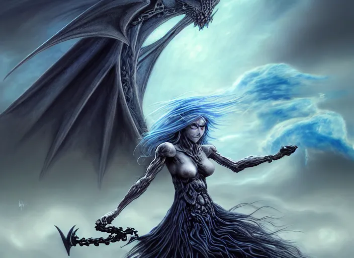 Image similar to realistic detailed image of a Norse Goddess-dragon-cyborg, bluish hair blowing in an angry and stormy moody atmosphere, running wildly in her chariot, anime art, anime, impressionistic gothic, rich deep colors, inspired by H.R. Giger and Zdzislaw Beksinski and Mark Ryden, a masterpiece, matte painting, digital art, trending on artstation.