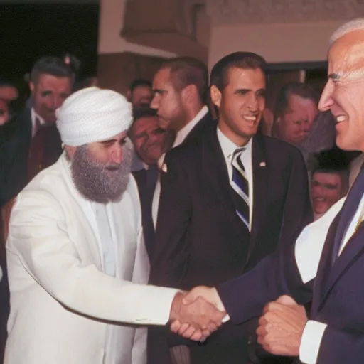 Prompt: joe biden shaking hand of osama bin laden, ultra realistic, canon 3 5 mm photography