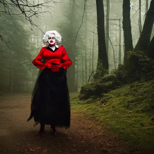 Image similar to disney cruella devilla in the woods, 8 k, professional photography, cinematic shot, dark, smoke, mist