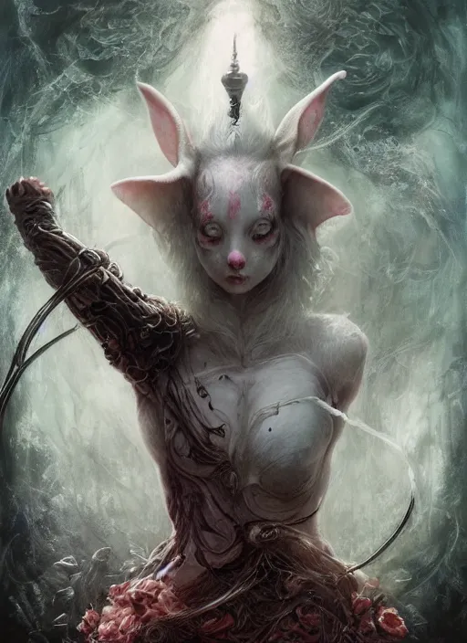 Image similar to white rabbit the magician tarot card, highly detailed, cinematic, 8 k, by stanley artgermm, tom bagshaw, greg rutkowski, carne griffiths, ayami kojima, beksinski, giger, trending on deviantart, hyper detailed, horror, full of colour