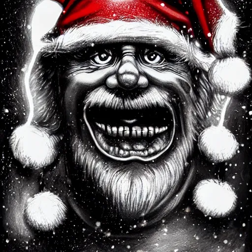 Image similar to you better watch out you better not cry you better not pout i'm telling you why santa claus is coming to town, in the style of h. r. giger, horror, dark, grain, realistic lighting, monochromatic