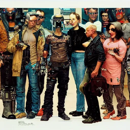 Prompt: portrait of a cyberpunk gang, by norman rockwell