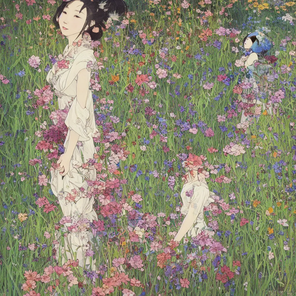 Image similar to oil painting, long shot, beautiful floralpunk japanese girl illustration walking in a park, detailed patterns art of japan traditional dress, flower pop art, floral splash painting, art by ashley wood, alphonse mucha, makoto shinkai, geof darrow, dark shadow