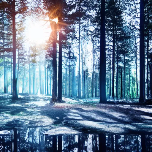 Image similar to bright nordic forest, sparkling spirits, detailed wide shot, hologram, ground detailed, wet eyes reflecting into eyes reflecting into infinity, beautiful lighting