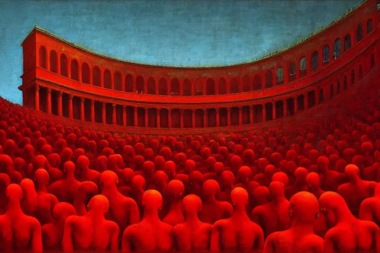Image similar to only with red, a red great emperor, taormina amphitheatre, expressive crowd hails him, in the style of beksinski, parts by edward hopper, parts by rodcenko, parts by yue minjun, intricate and epic composition, red by caravaggio, insanely quality, highly detailed, masterpiece, red light, artstation, 4 k