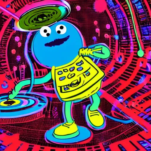 Prompt: Sesame Street Cookie Monster, Headphones, Disc-Jockeying, DJ, spinning records, Psychedelic, Cyberpunk, svg digital art, full body, from a slight distance
