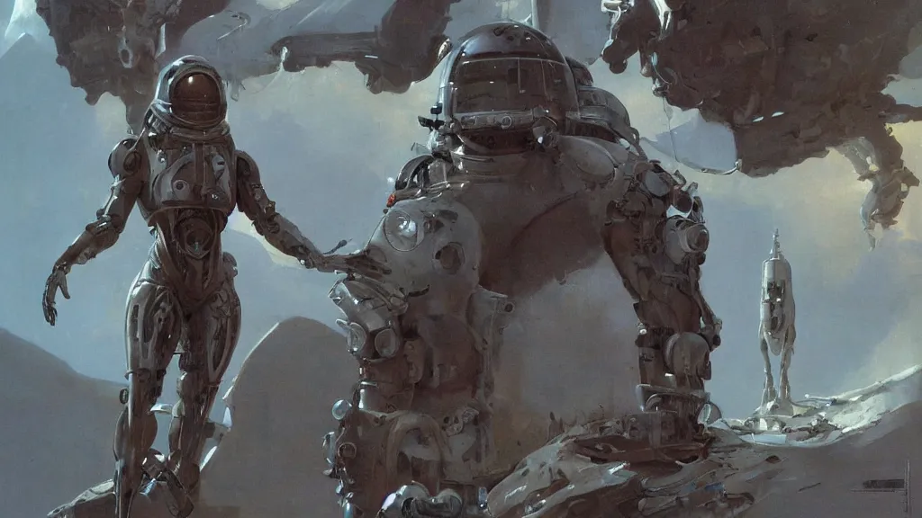 Image similar to futuristic organic spacesuit design by john schoenherr and glenn barr, epic cinematic matte painting