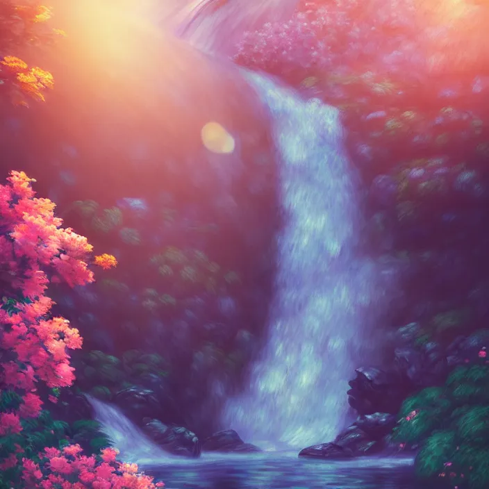 Image similar to an epic makoto shinkai and renoir surreal landscape of a waterfall, 🌺, golden hour, ultra smooth, lois van baarle, ilya kuvshinov, unreal engine, blender, trending on artstation, suntur, caleb worcester, highly detailed, photorealism, bloom effect 8 k