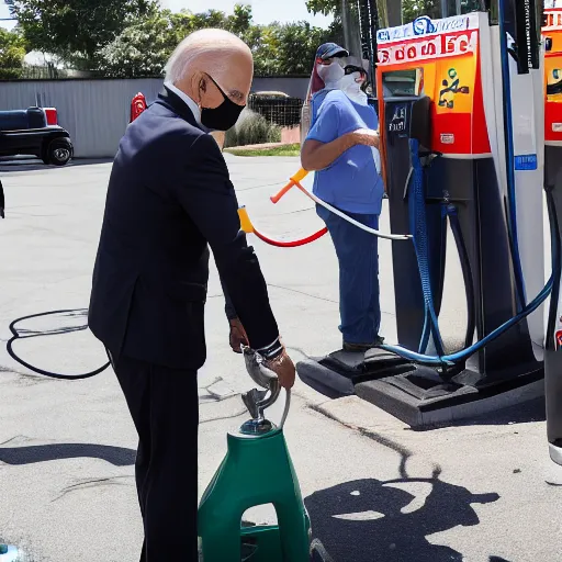 Prompt: Joe Biden raising gas prices at pump crisp detail laughing pointing people shouting with masks on