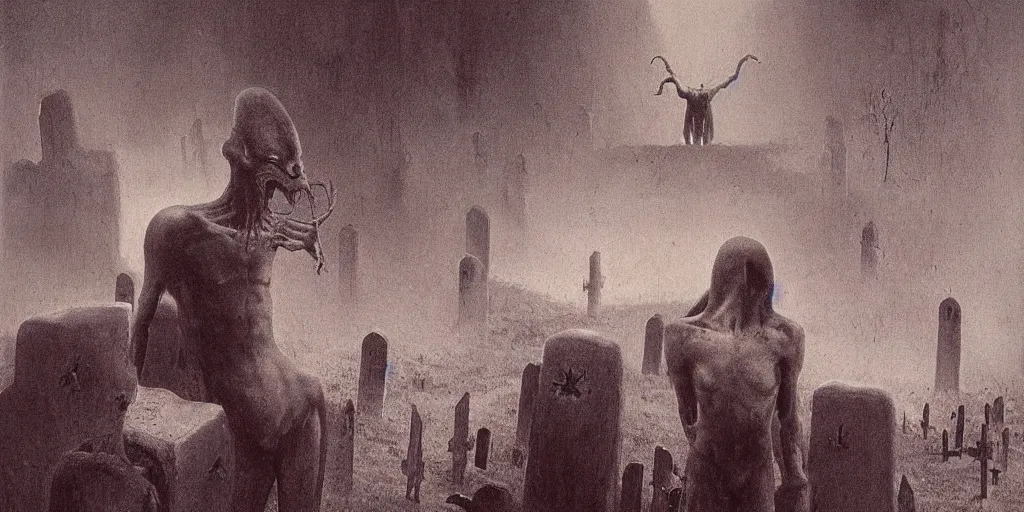 Prompt: demonic alien with long fingers at the foot of the bed in a dark room surrounded by tombstones and floating cows, Beksinski