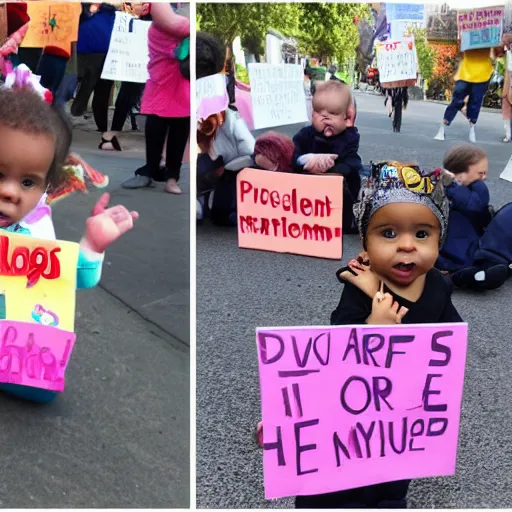 Image similar to babies protesting in front of a daycare