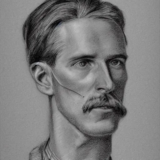 Image similar to A crosshatched portrait drawing of Jerma985 with a pyramidal mustache in the mid-late 1800s, cross haching, crosshatching, mid-late 1800s, grainy, realistic, hyperrealistic, very realistic, highly detailed, very detailed, extremely detailed, detailed, trending on artstation