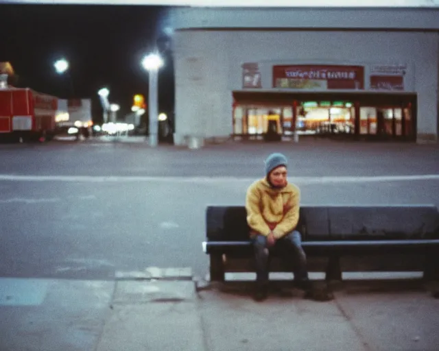 Image similar to a lomographic photo of russian lone man sitting in bus station at early evening in small town, cinestill, bokeh