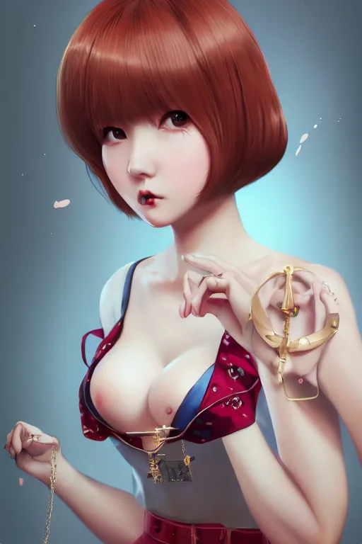 Image similar to a pin up and beautiful fashion charming dreamlke japan girl with lv jewelry, character art, art by wlop and and ilya kuvshinov, hyperdetailed, 8 k realistic, symmetrical, frostbite 3 engine, cryengine, dof, trending on artstation, digital art